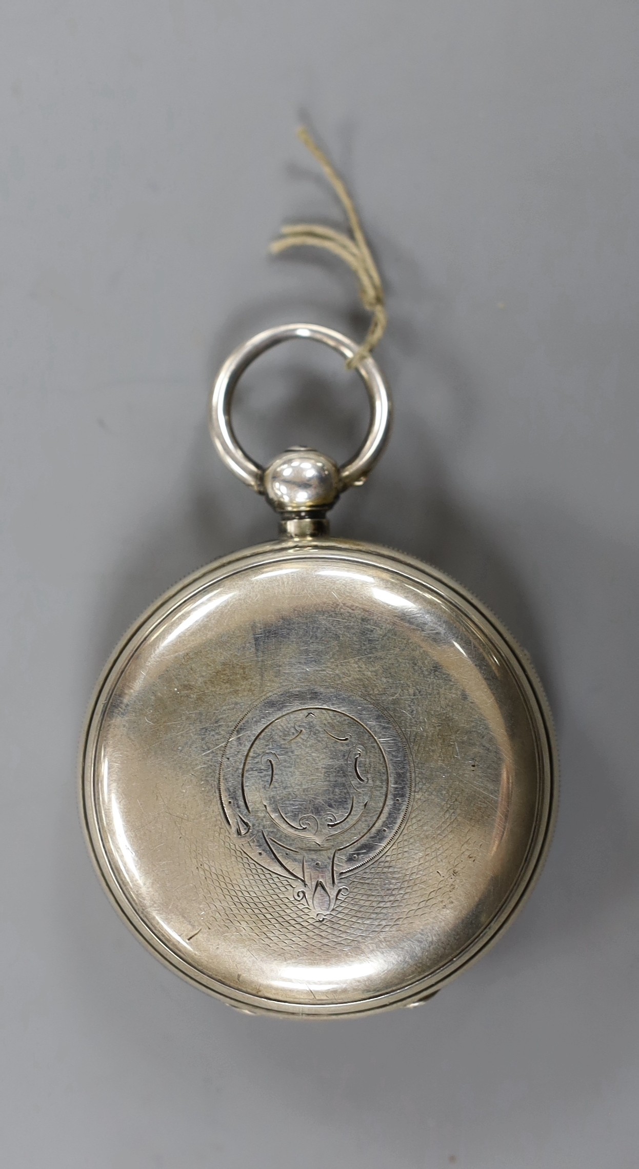 A Victorian silver keywind fusee open face pocket watch, the silvered dial with gilt Roman numerals and subsidiary seconds, case diameter 54mm.